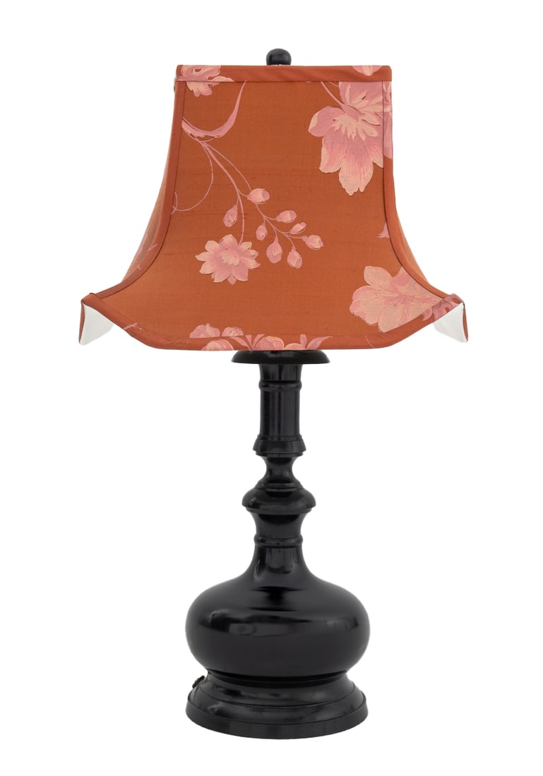 Modern Patinated Black Metal Vase Form Lamp: Modern Patinated Black Metal Vase Form Lamp, with burgundy floral shade on circular metal base. Overall: 22" H x 12" W x 12" D. Provenance: From an East 81st Street New York City Estate. Keywords: Lig