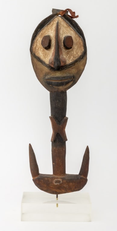 African Ijo Polychromed & Carved Wood Sculpture: African Ijo Polychrome Painted and Carved Wood Sculpture, mounted on a clear acrylic base. Overall: 24.5" H x 8" W x 4" D. Provenance: From the Park Avenue Estate of Designer Neal Small. Keywords: Afr