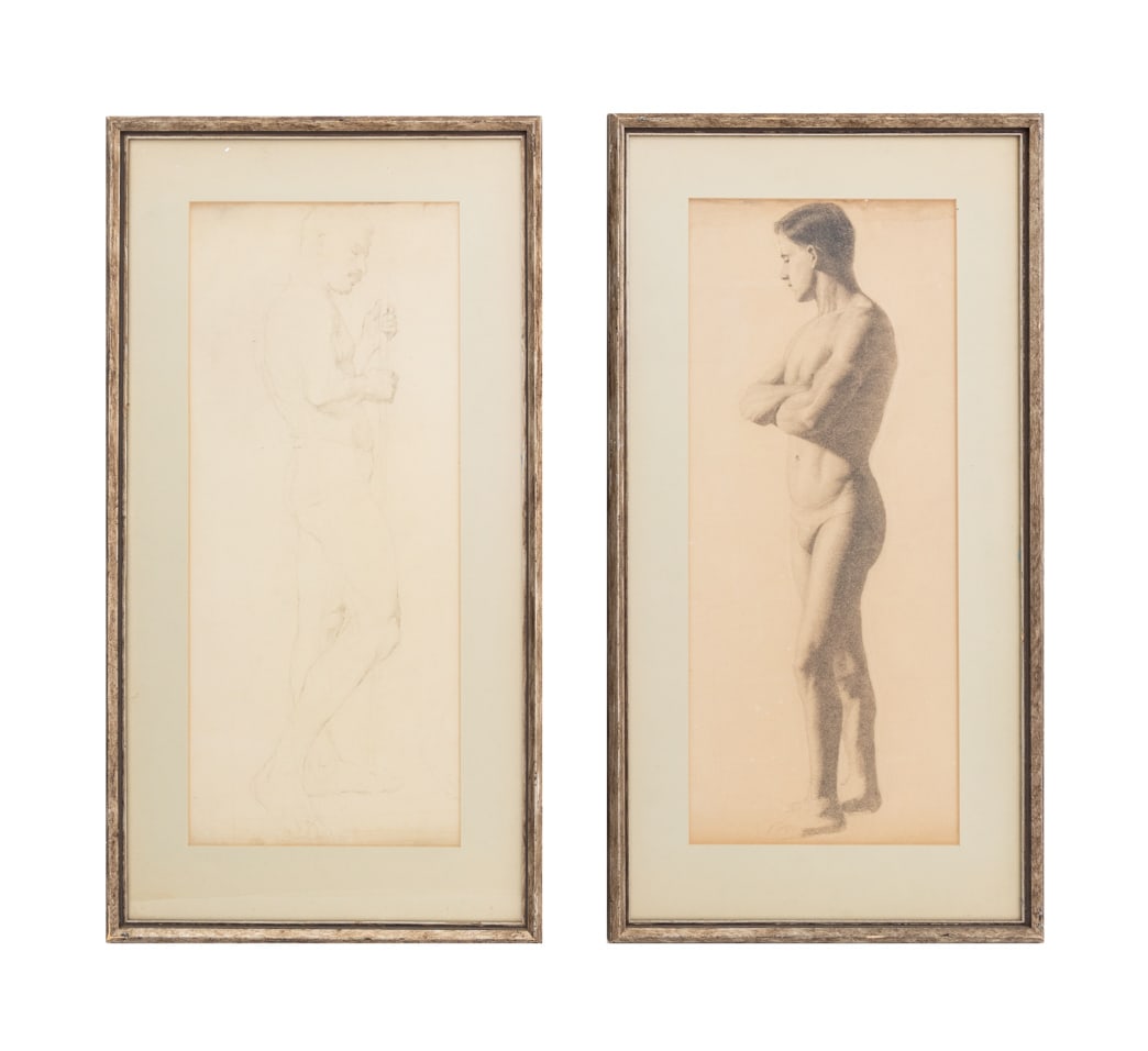 Male Figural Studies Graphite on Paper, 2: Group of Two Male Figural Studies, Graphite on Paper, apparently unsigned, silvered wood frames. Image: 24.5" H x 10.25" W; frame: 31.25" H x 16.5. Provenance: From a New York City Collection. Keyword