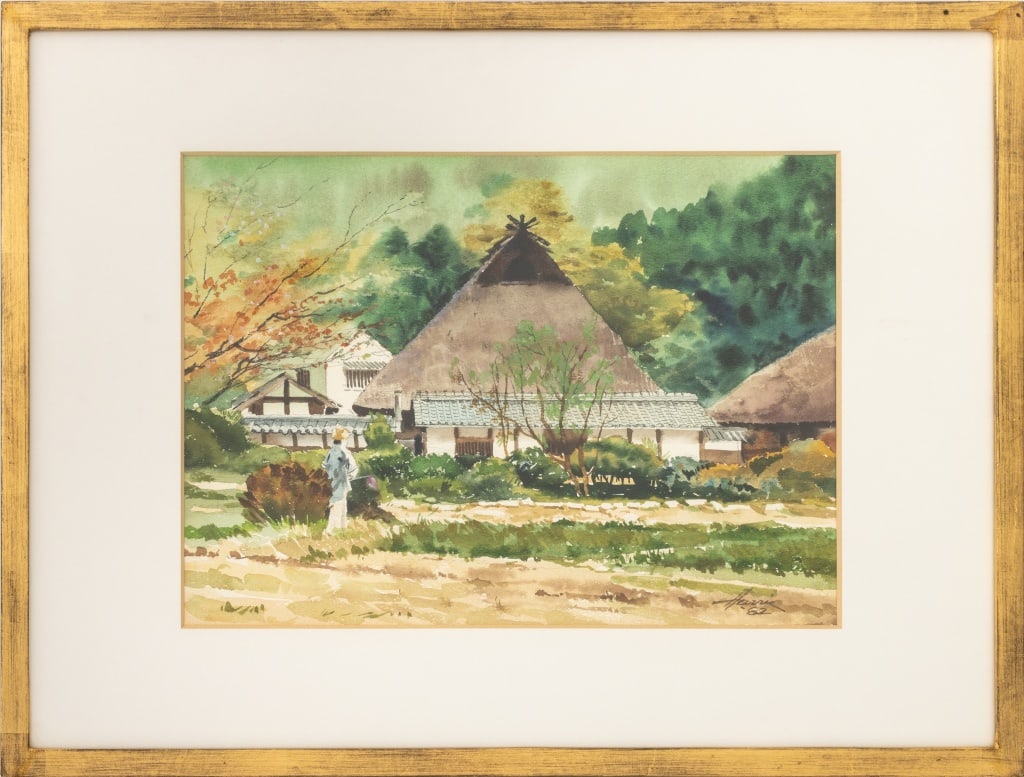 Frederick Harris "Scarecrow" Watercolor, 1982: Frederick Harris (American, 1932-2010), "Scarecrow", Watercolor on Paper, 1982, signed and dated lower right, with Kato Gallery label to the reverse, giltwood frame. Image: 10.25" H x 14.5" W; frame: