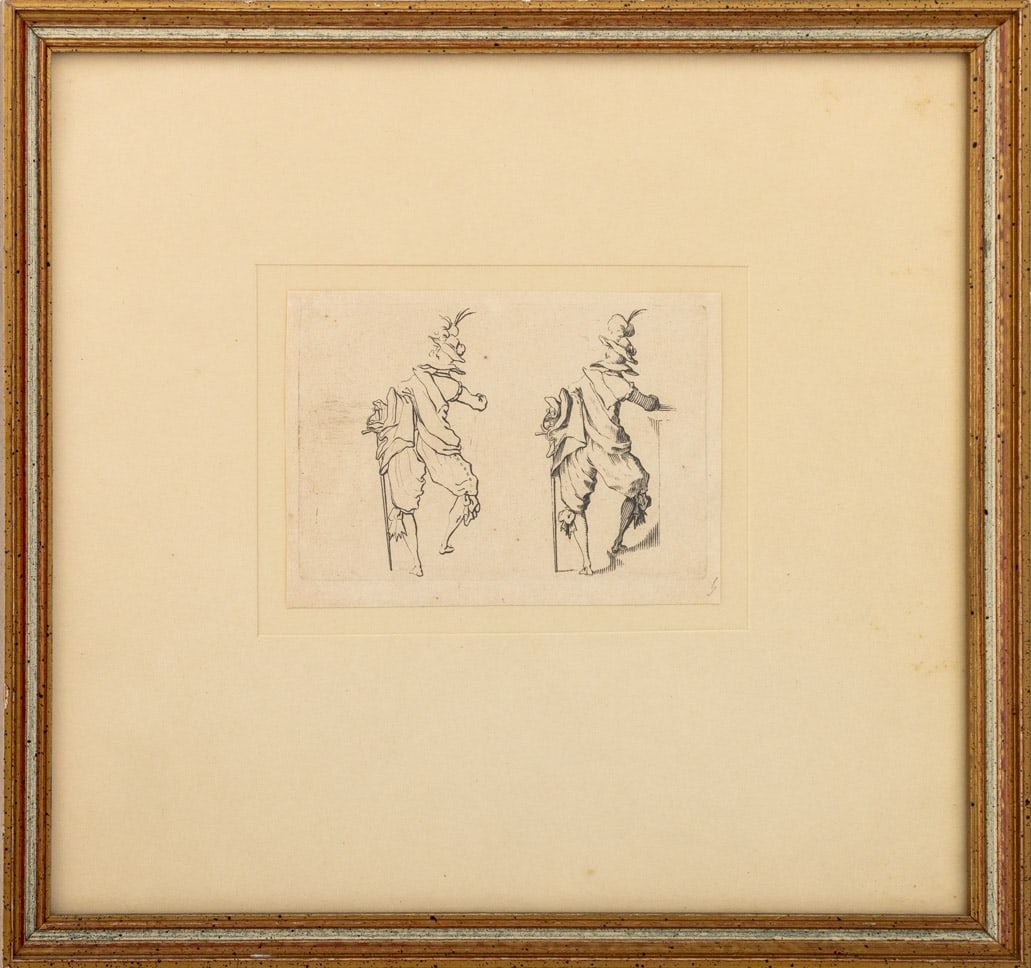 Jacques Callot "L'Homme Vue de Dos" Etching: Jacques Callot (French, 1592-XVII), "L'Homme Vue de Dos avec une Grande Epee" [Man Seen From Behind with a Large Sword], Etching, 1617, from Les Caprices Series A, The Florence Set, dedicated to Loren