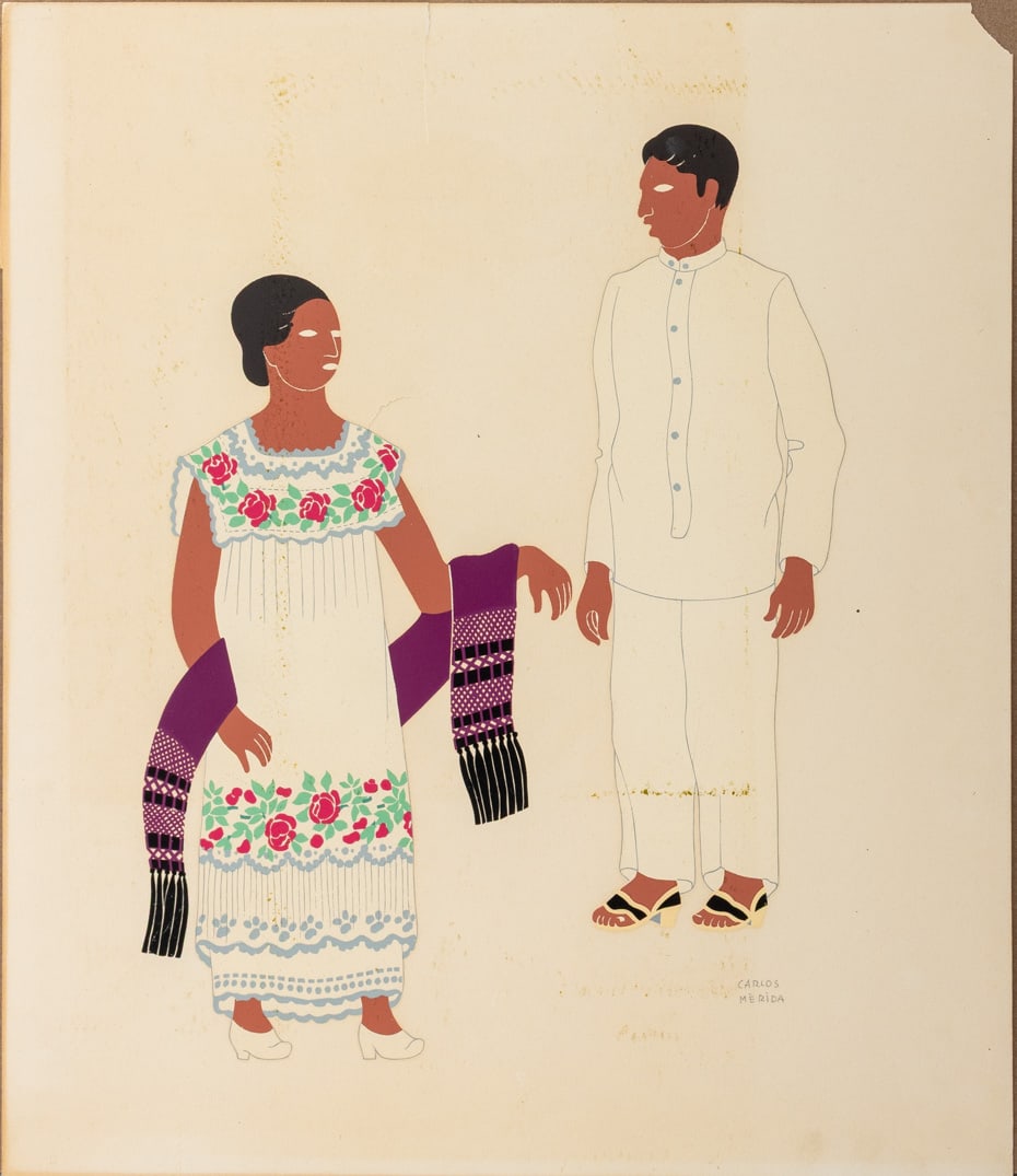 Carlos Merida "Mestizos of Yucatan" Serigraph: Carlos Merida (Mexican/Guatemalan, 1891-1984), "The Mestizos of the State of Yucatan", Serigraph in Colors on Paper, 1941, from the Series of Mexican Costume, signed lower right, unframed. 14" H x 12"