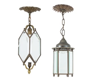 Arts & Crafts Style Beveled Glass Pendant Lamps, 2