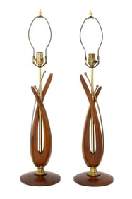 Danish Modern Wood & Brass Table Lamps, Pair