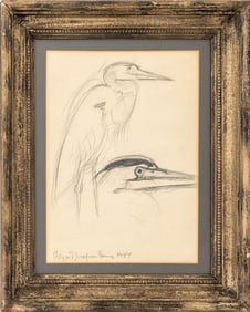Illegibly Signed Sketch of a Heron Graphite