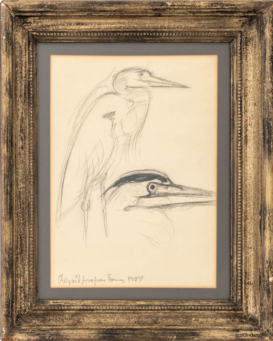 Illegibly Signed Sketch of a Heron Graphite: 20th Century School, Sketch of a Heron, Graphite on Paper, 1984, illegibly inscribed lower left, silvered wood frame. Image: 13.5" H x 9.5" W; frame: 20" H x 16" W. Provenance: From a New York City Co