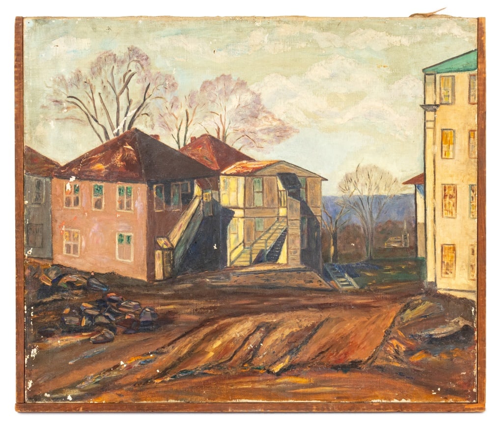 Katherine White Village Scene Oil on Canvas: Katherine White (American, XX), Village Landscape Scene, Oil on Canvas, initialed to verso, signed and marked "Lahey Class / Option landscape Lahey Class Kathleen White" to stretchers, partial wood fr