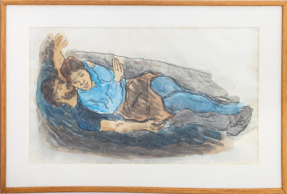 Moses Soyer "Couple" Mixed Media on Paper: Moses Soyer (Russian/American, 1899-1974), "Couple", Mixed Media on Paper, signed to right side, Keen Gallery label to verso, wood frame. Image: 22" H x 13.25" W; frame: 27.75" H x 18.75" W. Keywords: