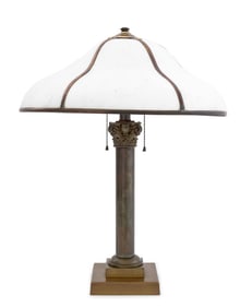 Art Nouveau Style White Slag Glass and Brass Lamp