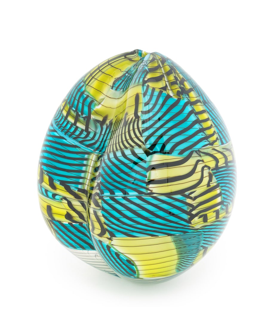 Lino Tagliapietra Art Glass Vase, 1994: Lino Tagliapietra (Italian, b. 1934) Art Glass Vase, 1994, in turquoise blue and green with black caning and colorless glass, signed and dated to underside. 10.75" H x 8.25" W x 7.25" D. Provenance: C