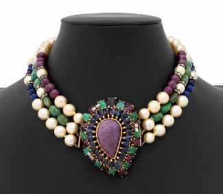 Seaman Schepps 14K Gold Gemstone Pearl Necklace