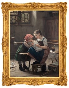 Gustav Igler "Playing Mother" Oil on Canvas, 1887