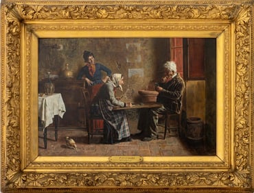 Eugenio Zampighi "The Card Game" Oil on Canvas