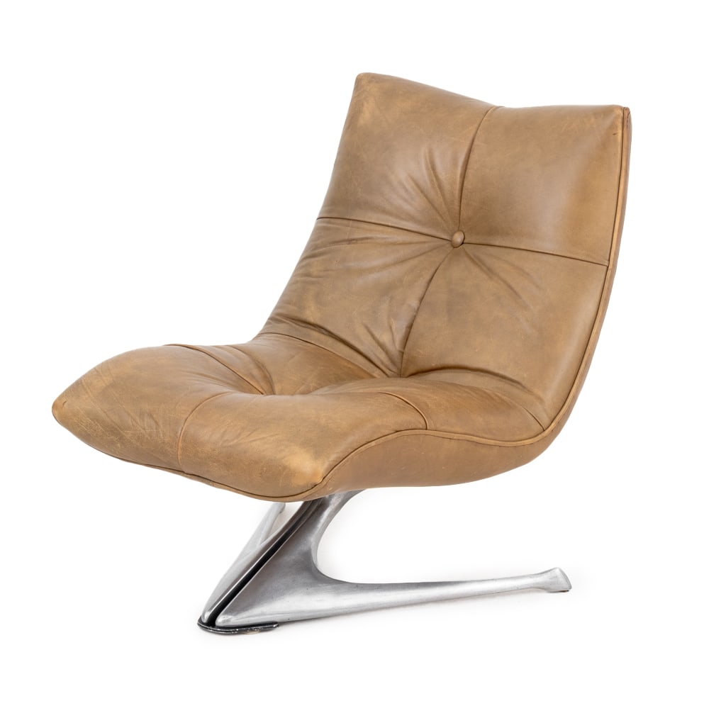Vladimir Kagan "Unicorn" Lounge Chair, 1960s: Vladimir Kagan "Unicorn" Lounge Chair, 1960s, with tan leather upholstery on aluminum base, unmarked. 30.5" H x 22.5" W x 27" D; seat: 14.5" H. Provenance: From a 225 West 86th Street, New York City E