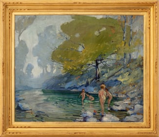 Jonas Lie "Children Bathing in a Forest Pool" Oil