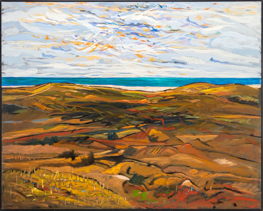 Yehouda Chaki "Landscape 8010" Oil on Canvas: Yehouda Chaki (Canadian, born Greece, 1938-2023), "Landscape 8010", Oil on Canvas, signed lower left, titled, and signed verso, ebonized wood frame. Image: 48" H x 60" W; frame: 48.75" H x 60.75" W x