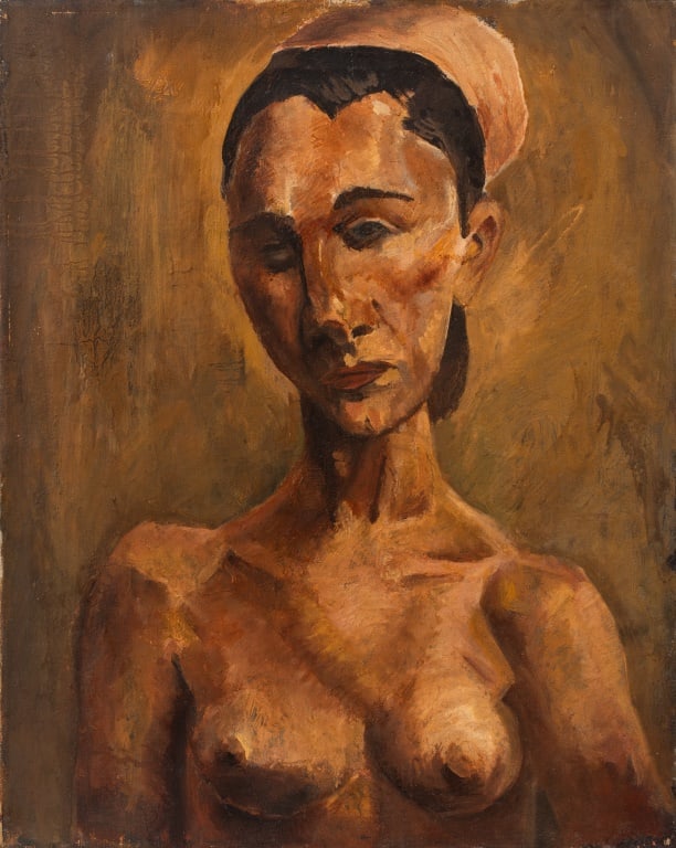 Raymond Rice Abstracted Nude Woman Oil on Canvas: Raymond Rice (American, 1916-2001), Abstracted Portrait of a Nude Woman, Oil on Canvas, signed and marked "Kantor" to verso, unframed. 20" H x 16" W. Provenance: From the Allen Tucker Memorial Collect