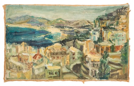 Illegibly Signed Impressionistic Seaside City Oil