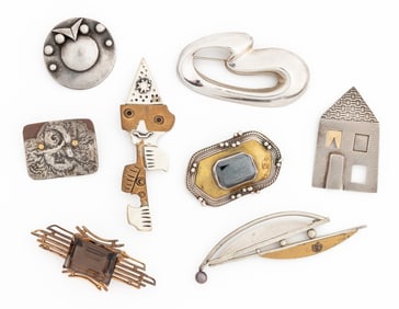 Modernist Silver and Mixed Metal Brooches, 8