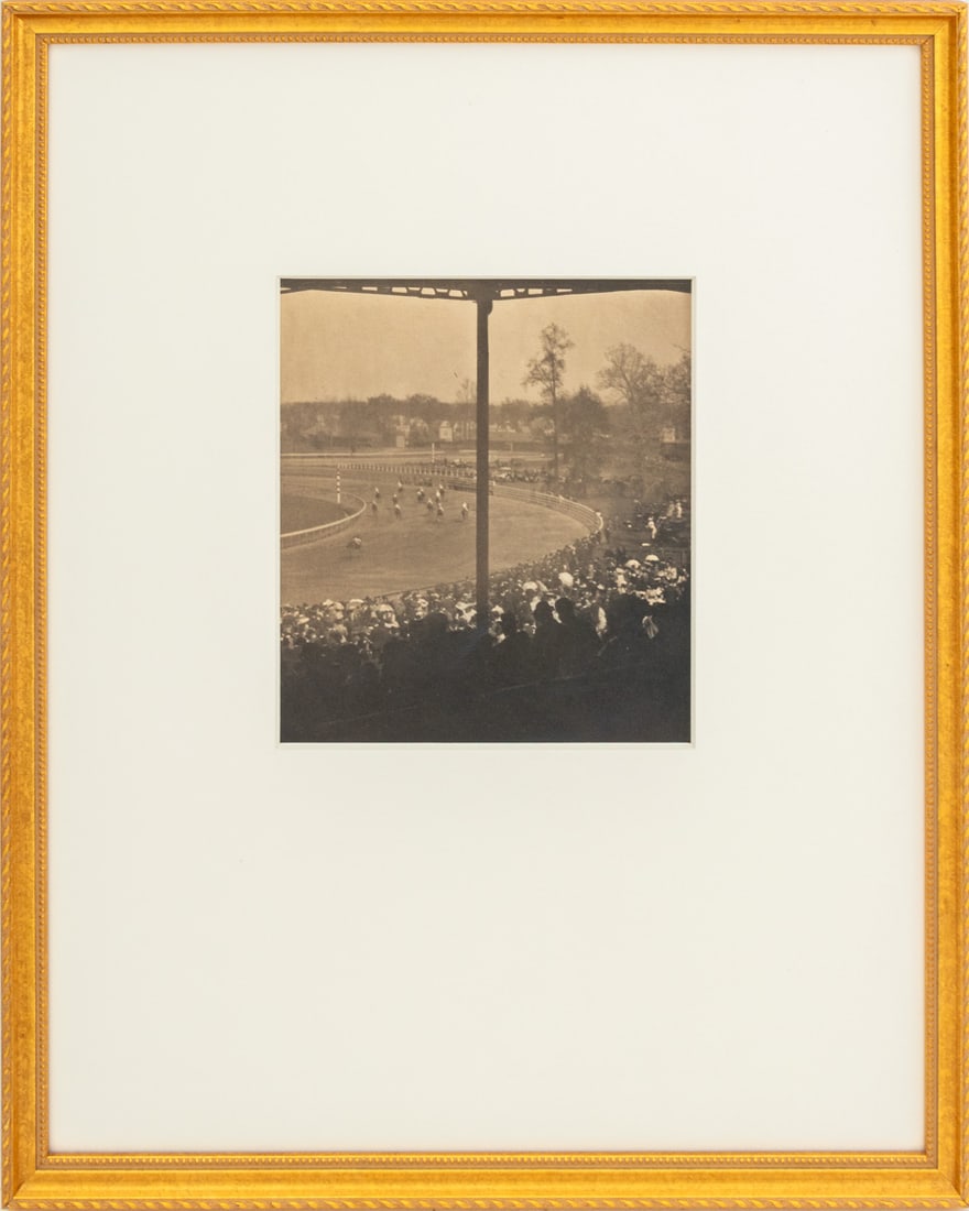 Alfred Stieglitz "Going to the Post" Photogravure: Alfred Stieglitz (American, 1864-1946), "Going to the Post, Morris Park", Photogravure, 1904, printed 1905, giltwood frame. Image: 8" H x 7.25" W; frame: 21.25" H x 17.25" W x 1" D. Provenance: From a