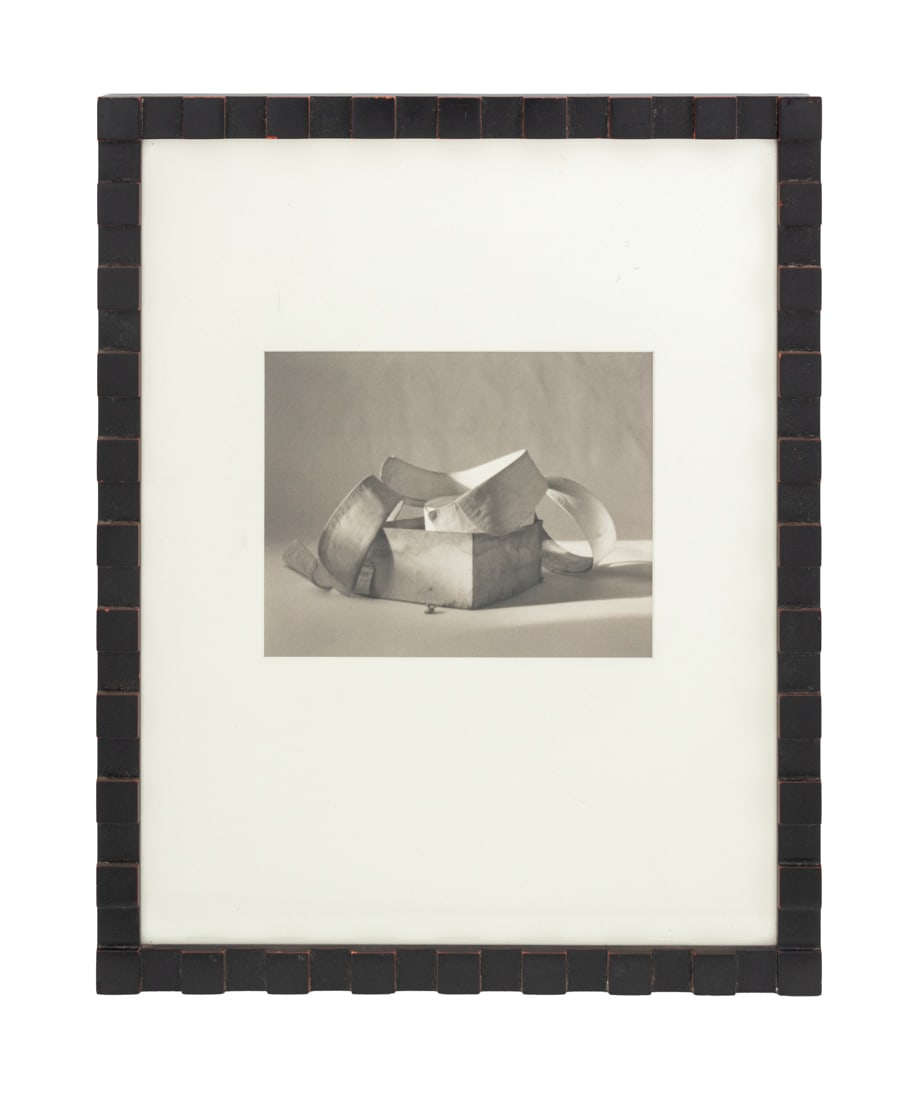 Thomas Harding III "Arrow Collars" Platinum Print: Thomas Harding III (American, 1911-2002), "Arrow Collars", Platinum Print on Tissue Paper, 1986, apparently unsigned, auction label to reverse, ebonized geometric wood frame. 7" H x 9" W; frame: 21" H