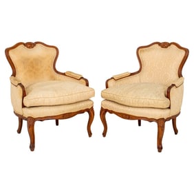 Louis XV Style Damask Upholstered Bergeres, Pair