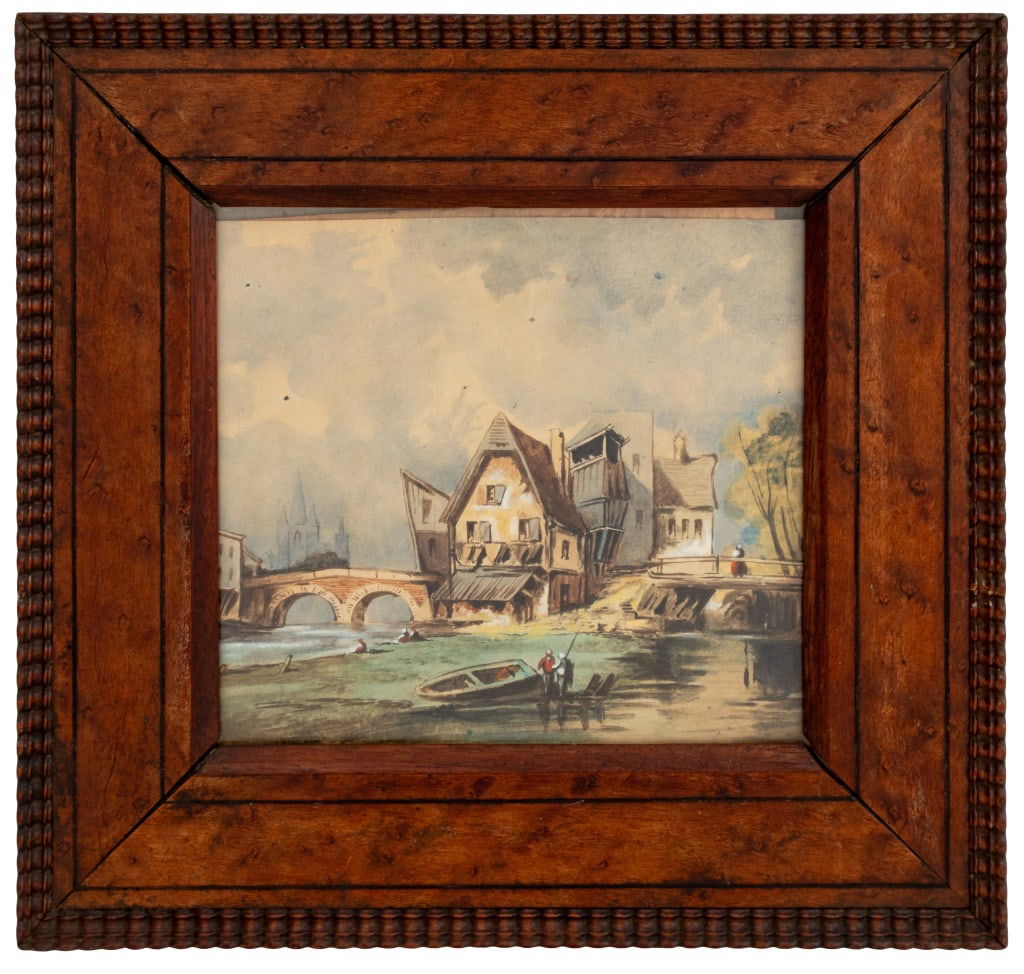 French School Riverside Town Watercolor: French School, Riverside Town, Watercolor on Paper, with figures in the foreground, wood frame. Image: 7.25" H x 8" W; frame: 12.75" H x 13.25" W. Provenance: From a 33 East End Avenue Estate. Keyword