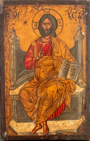 Greek Icon of Christ Enthroned Oil on Panel
