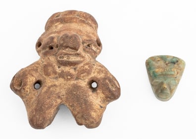 Mayan Pre-Columbian Pottery Figure & Stone Head, 2