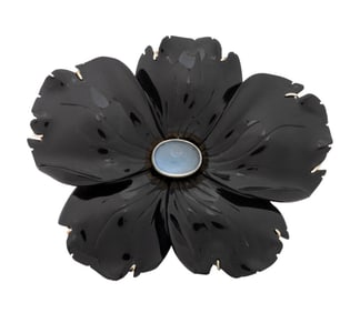 Modern Carved Black Resin Flower Moonstone Brooch