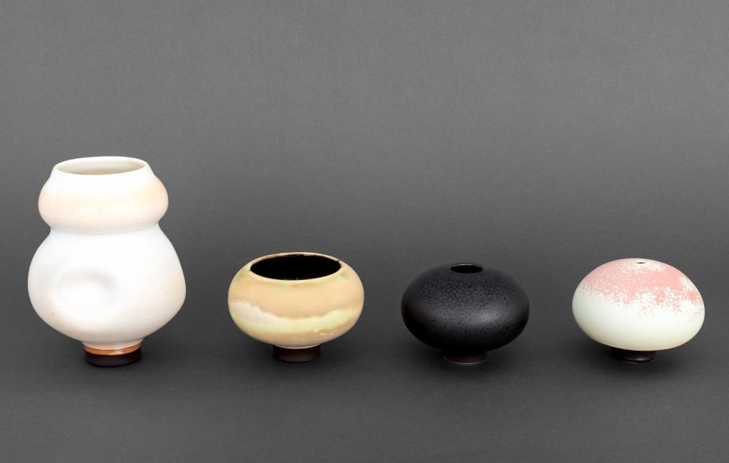 Charlie Olson Porcelain Vases, 4: Charlie Olson (American, b. 1951) Four Porcelain Vases, each marked "CO" to underside, one double gourd form and two with metallic iridescent glazes. Largest: 6.75" H x 4.75" Diameter. Provenance: Fro