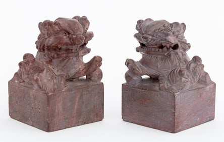 Chinese Foo Lion Carved Stone Chop Seals, Pair