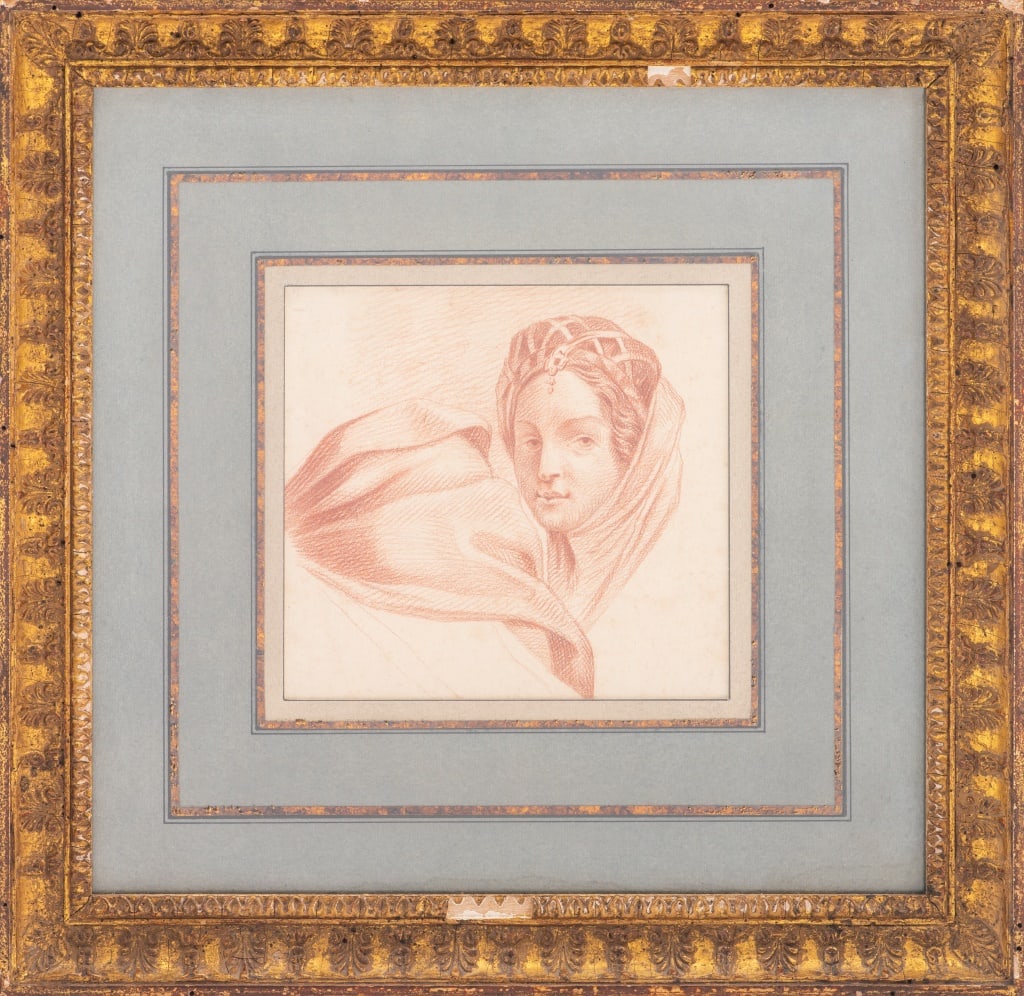 Old Master Style Portrait Red Chalk on Laid Paper: Old Master Style, Portrait of a Woman, Red Chalk on Laid Paper, depicting the bust of a female figure wearing a headpiece and veil, giltwood frame. Image: 5" H x 5.25" W; frame: 11.75" H x 12" W x 1" 