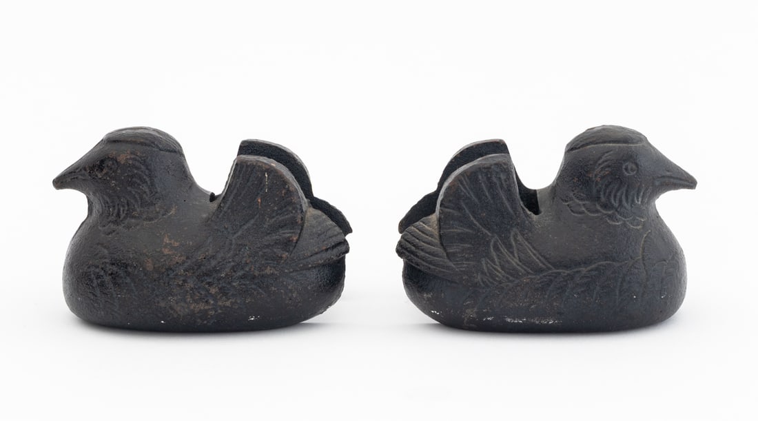Japanese Cast Iron Duck Form Screen Holders, Pair: Pair of Japanese Cast Iron Duck Form Screen Holders. 3" H x 3.5" W x 4.75" D. Provenance: From an Upper West Side, New York City Estate. Keywords: Asian Art, Fireplace accessories, Room divider, Anima