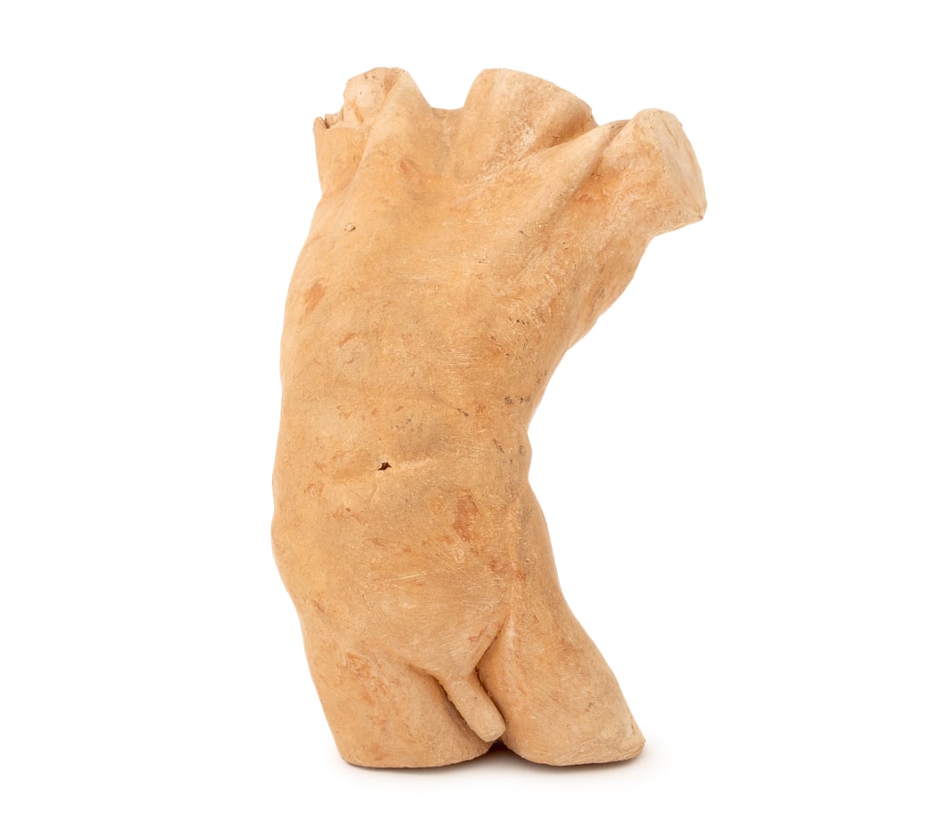 Illegibly Signed Terracotta Male Torso Sculpture: Modern Terracotta Nude Male Torso Sculpture, illegibly signed to the underside. 9" H x 6.5" W x 6" D. Provenance: From an Upper East Side, New York City Collection. Keywords: Statue, Figurine, Three-d