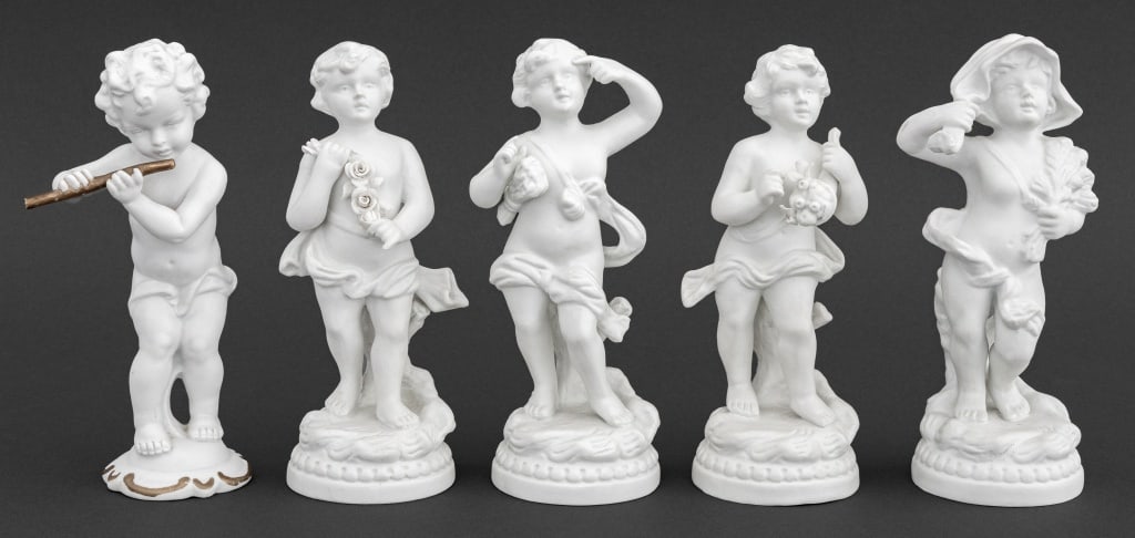 Vista Alegre, Etc. Bisque Porcelain Figures, 5: Collection of Five Parianware Bisque Porcelain Figures, comprising: four Vista Alegre, two holding vegetable stalks and two holding flowers, each marked "VA / Portugal" to the underside and one Isco f