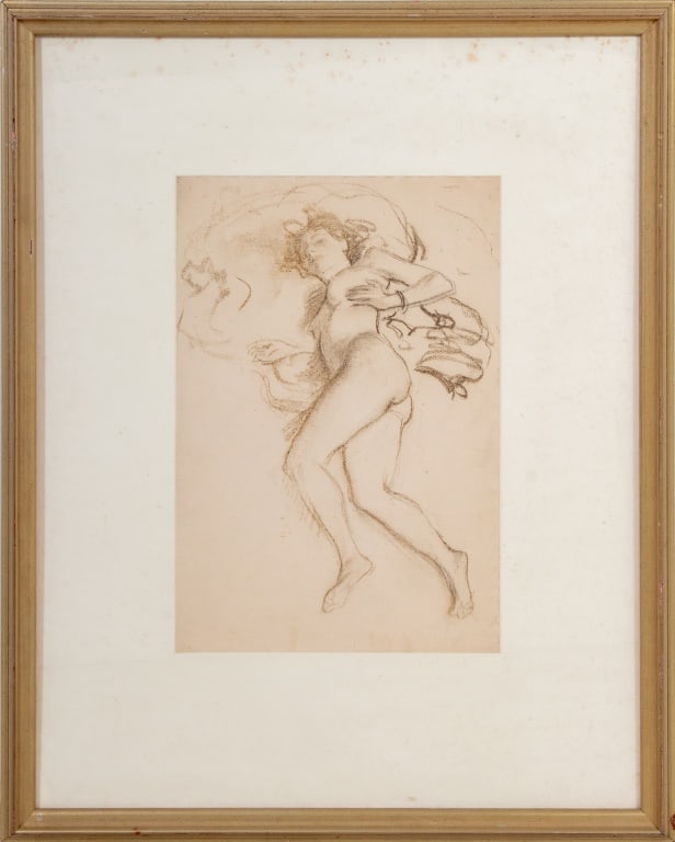 American School Reclining Nude Woman Charcoal: American School, Reclining Nude Woman, Charcoal and Graphite on Paper, 20th century, unsigned, giltwood frame. Image: 17" H x 11.5" W; frame: 30" H x 24" W. Keywords: Drawings, Works on Paper, Female