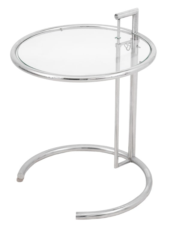 Eileen Gray Adjustable Glass Top Chrome Side Table: Eileen Gray Adjustable Glass Top Chrome Circular Side Table, with tubular stand and base. 23" H x 20" W. Provenance: From a West 12th Street Estate. Keywords: Modern Furniture, Irish design, End table