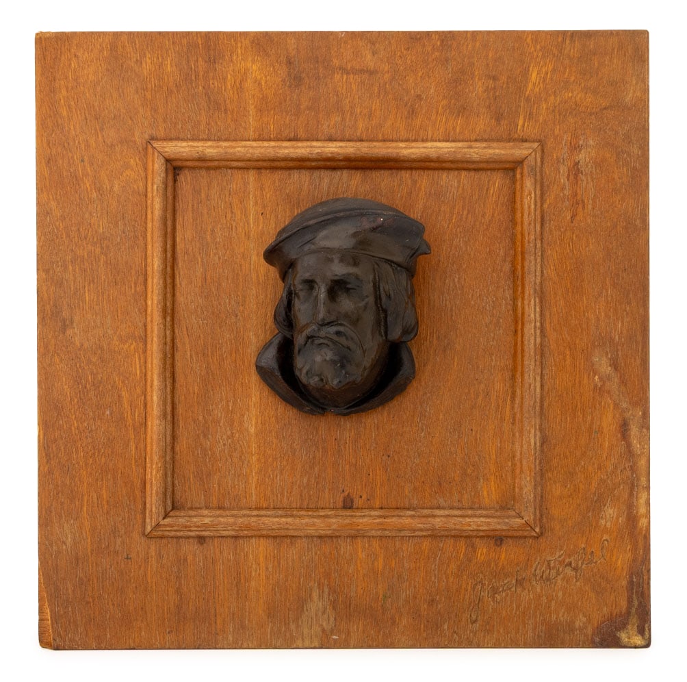 Medieval Revival Bust of a Man Wood Carving: Medieval Revival Bust of a Man Wood Carving, 19th century of earlier, mounted on wood panel, the panel signed "Jack Werfel" lower right and verso. Overall: 11.25" H x 11.25" W x 3.5" D. Provenance: Fr