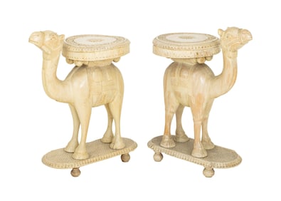 Camel Form Carved Wood End Tables, Pair