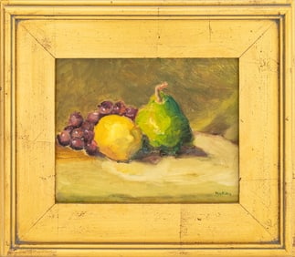 Signed Still Life of Pear, Lemon, & Grapes Oil
