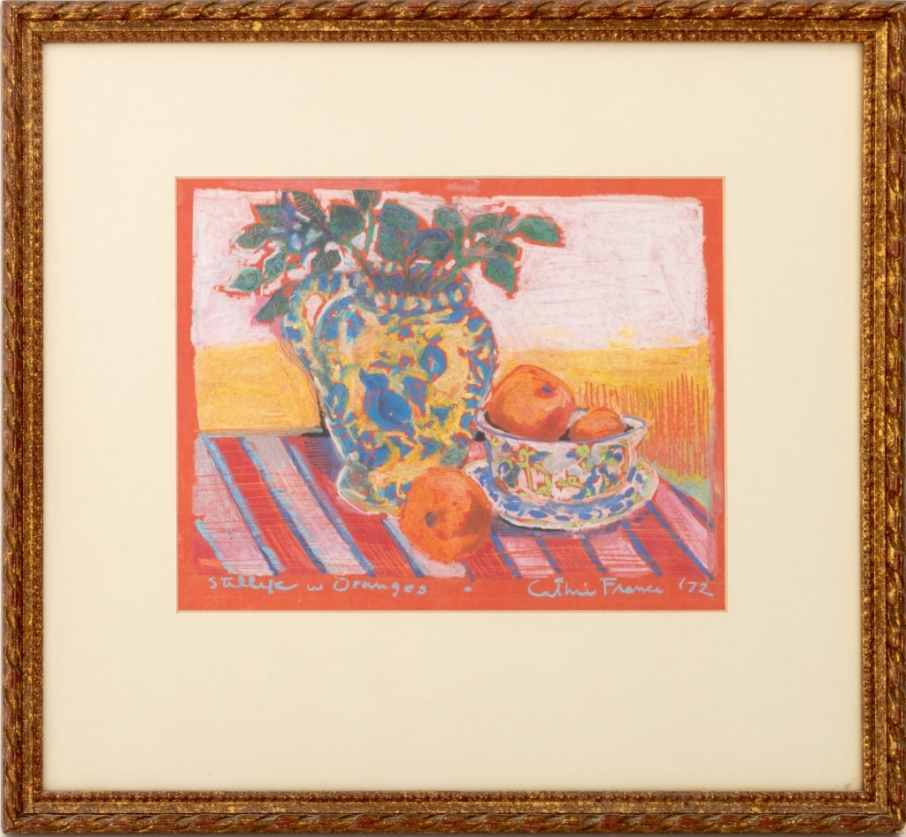 Cathie France "Still Life w Oranges" Pastel, 1972: Cathie France (American, XX), "Still Life w Oranges", Pastel on Paper, 1972, signed and dated lower right and titled lower left, giltwood frame. Image: 9" H x 11" W; frame: 17.5" H x 19" W. Provenance