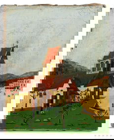 Urbain Faurec Church Townscape Oil on Canvas