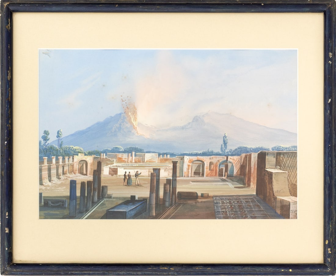 Continental School Mount Vesuvius Gouache, 19th C. (1 of 5)