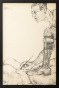 Signed Figural Scene Graphite on Paper, 1920