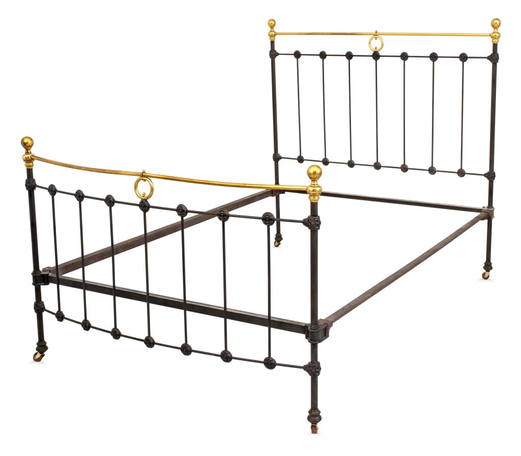 Victorian Wrought Iron Full Size Bed Frame: Victorian Wrought Iron and Brass Full Size Bed Frame, mounted on casters. 54" H x 53.5" W x 79.25" D. Provenance: From a Bronxville Private Collection. Keywords: Antique Furniture, English, British, B