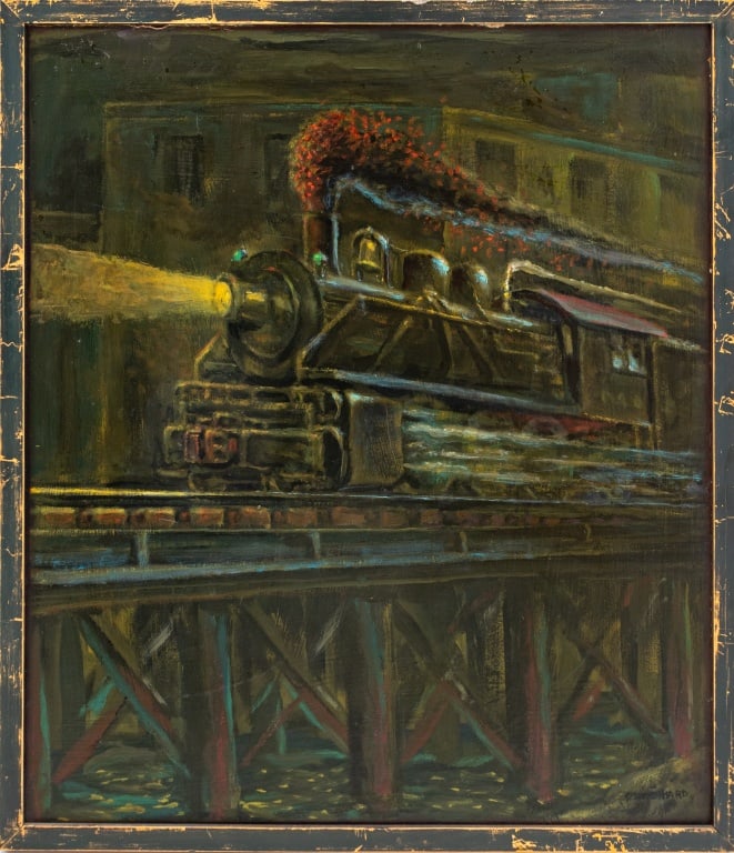 John Schweikhard "Night Express" Gouache: John Schweikhard (American, b. 1937), "Night Express", Gouache on Board, signed lower right, signed and titled to verso, blue painted wood frame. Image: 23.5" H x 20.25" W; frame: 25.25" H x 22" W. Pr
