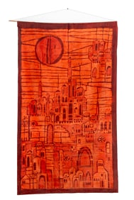 Illegibly Signed Cityscape Textile Art, 1968