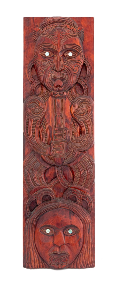 Maori Figural Carved Wood Panel: Maori Figural Carved Wood Panel, the figures with mother-of-pearl inlaid eyes. 39.5" H x 11.5" W x 1.5" D. Provenance: From a 225 West 86th Street, New York City Estate. Keywords: Polynesian Art, Ocea