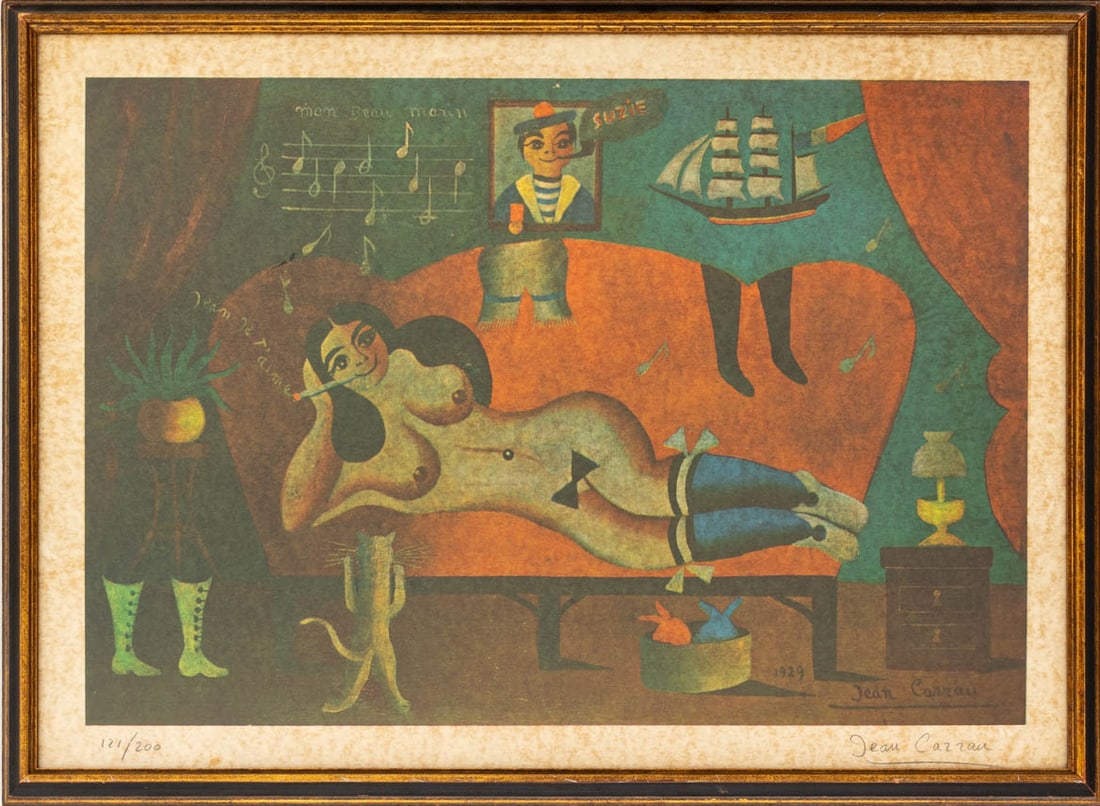 Jean Carrau Nude with Bow Tie Lithograph: Jean Carrau (French, 1920-1996), Nude Woman with Bow Tie, Lithograph in Colors, signed and dated in print, signed in pencil lower right, numbered edition "121/200" lower left, gilt and ebonized wood f